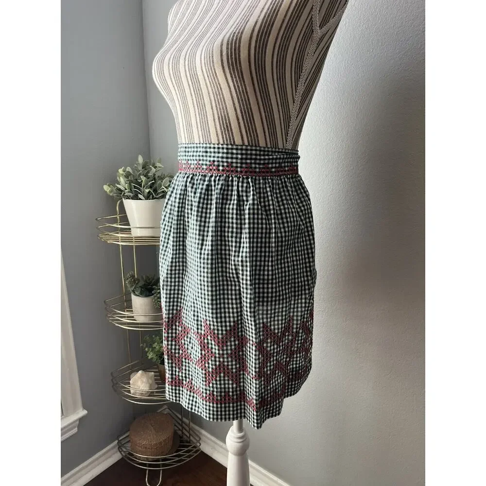 Green Red White Gingham Waist Apron with Red Rickrack and Embroidery Christmas